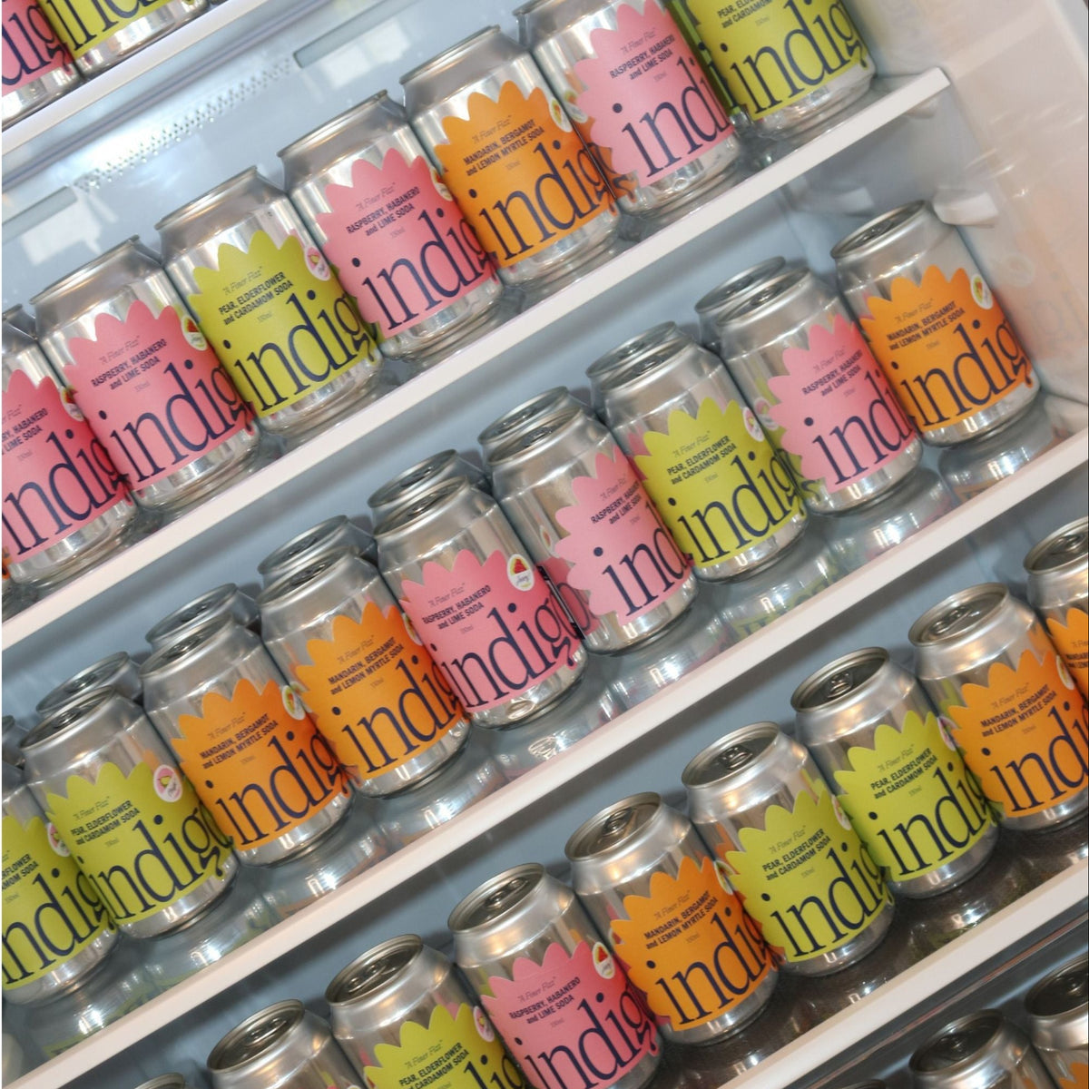 A fridge stocked with indigo soda cans in all three flavours: Raspberry, Habanero and Lime (pink), Mandarin, Bergamot and Lemon Myrtle (orange) and Pear, Elderflower and Cardamom (green)