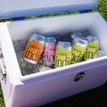 Load image into Gallery viewer, Cans of indigo soda in a lilac esky – the Triple Threat mixed pack of Mandarin Bergamot, Raspberry Habanero and Pear Elderflower botanical sodas
