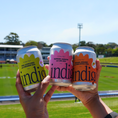 Load image into Gallery viewer, indigo soda Triple Threat mixed pack – Pear Elderflower & Cardamom, Raspberry Habanero & Lime, and Mandarin Bergamot & Lemon Myrtle cans held up at a sunny footy oval
